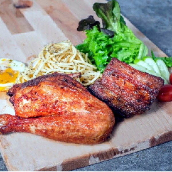 Rustic Chicken Leg & Bockwurst Pork Belly
